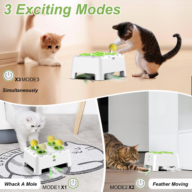Interactive Cat Toys, 2-in-1 Automatic Cat Toy, 4 Holes Mice Whack A Mole Cat Mouse Toy with Moving Feather, Portable USB Rechargeable Electronic Kitten Toys White - PawsPlanet Australia