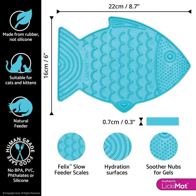 LickiMat Felix, Fish-Shaped Cat Slow Feeders Lick Mat, Boredom Anxiety Reducer; Perfect for Food, Treats, Yogurt, or Peanut Butter. Fun Alternative to a Slow Feed Cat Bowl or Dish, Turquoise