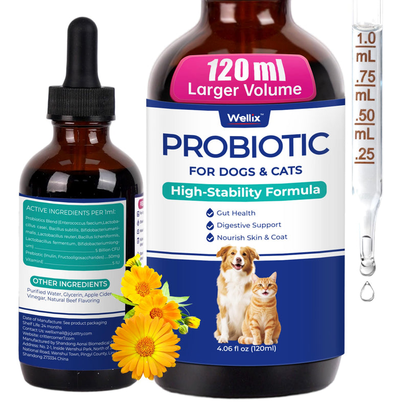 Wellix Liquid Probiotic for Cats & Dogs, 120ml 8-Strain Probiotics for Dog Digestive Health, Cat Digestive Support, Dry Skin Relief, Stool Formation for Cats & Dogs of All Ages