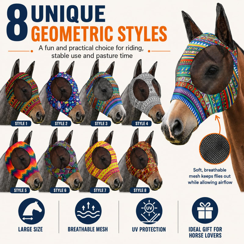 Qualirey 8 Pcs Fly Masks with Ears UV Protection Elastic Horse Face Cover Breathable Mesh for Riding Stable Pasture Supplies(Large,Geometric) Large Geometric