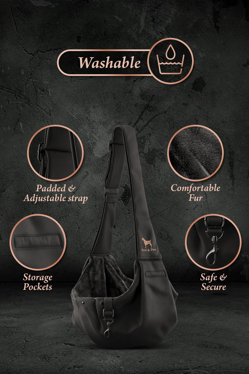 Noah & Paw Dog Sling Carrier for Small Dogs 5-18lb, Dog Sling for Small Dogs and Cats, Dog Carrier with Adjustable Padded Strap, Premium Twill, Lined with Fur, Double Safety Feature, Machine Washable Black 18.0"L x 10.0"W x 6.5"H - PawsPlanet Australia