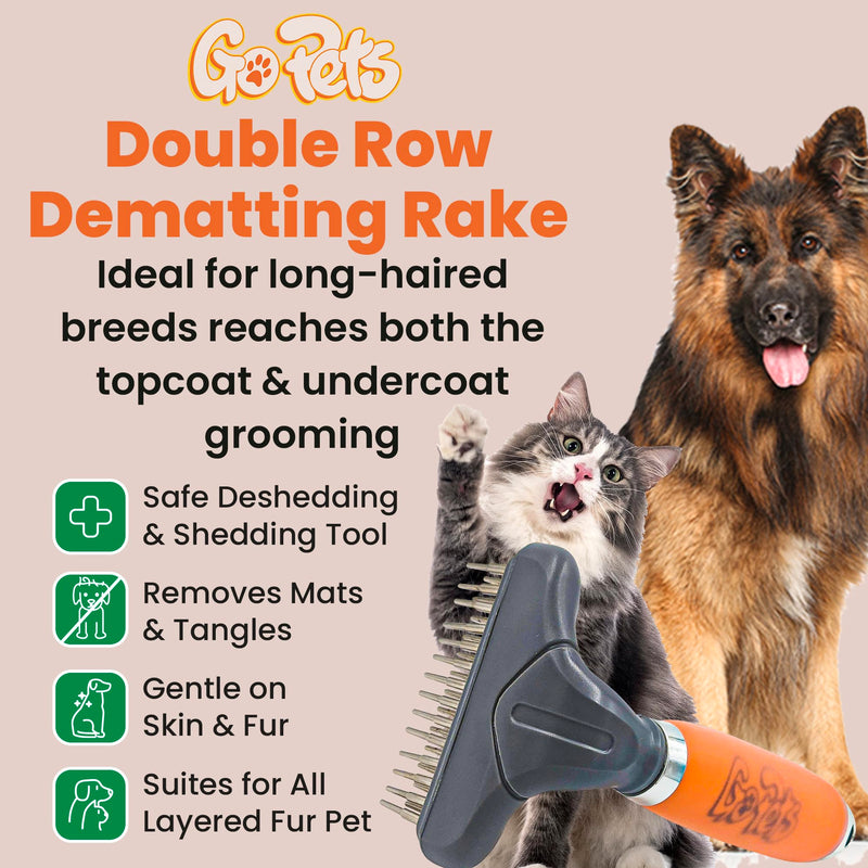 GoPets Double Row Dematting Rake for Dogs & Cats, Undercoat Grooming Brush, Safe Deshedding & Shedding Tool for Thick & Long Coats, Removes Mats & Tangles, Ideal for long-haired dogs