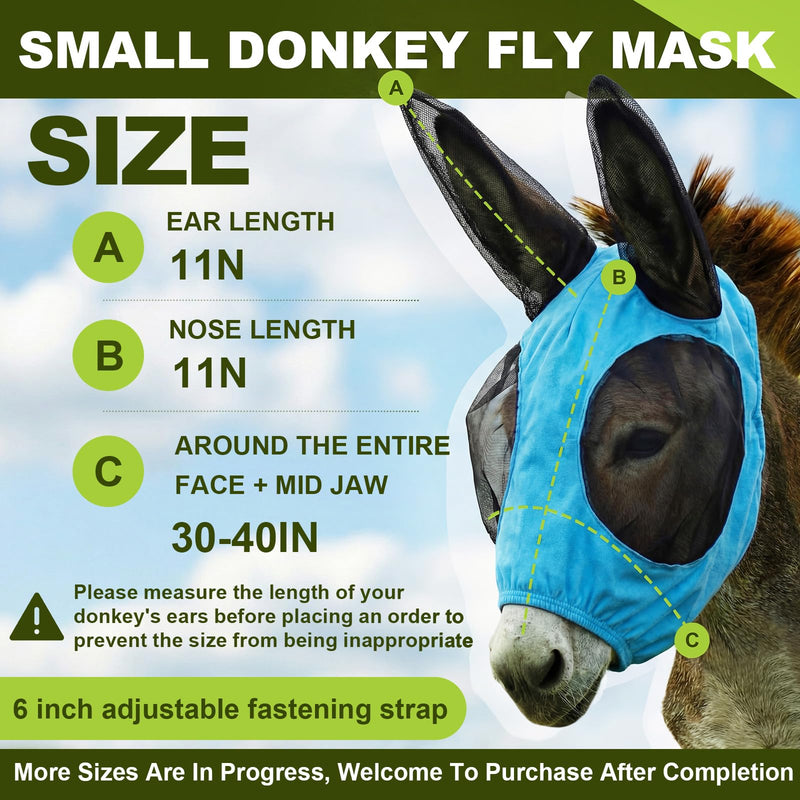 Mini Donkey Fly Mask with Ears Protection, Stretchy Mule Mask with Big Mesh Eye Covers, Soft on Skin, Comfortable Breathable Protection from Insects and Bugs Blue Mini 1