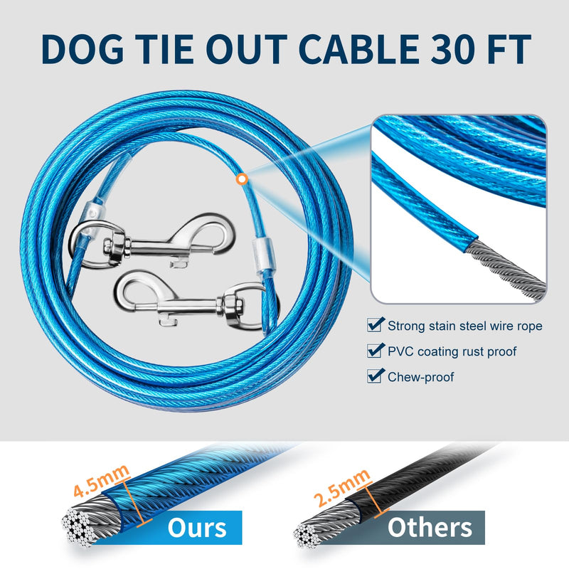 Dog Tie Out Cable, 30 FT Heavy Duty Dog Lead Cable with Detachable Shock Spring, Dog Runner Chains for Outside Yard Camping Hold Small or Medium Dogs (30Feet, up to 200lbs) 30ft/200lbs - PawsPlanet Australia