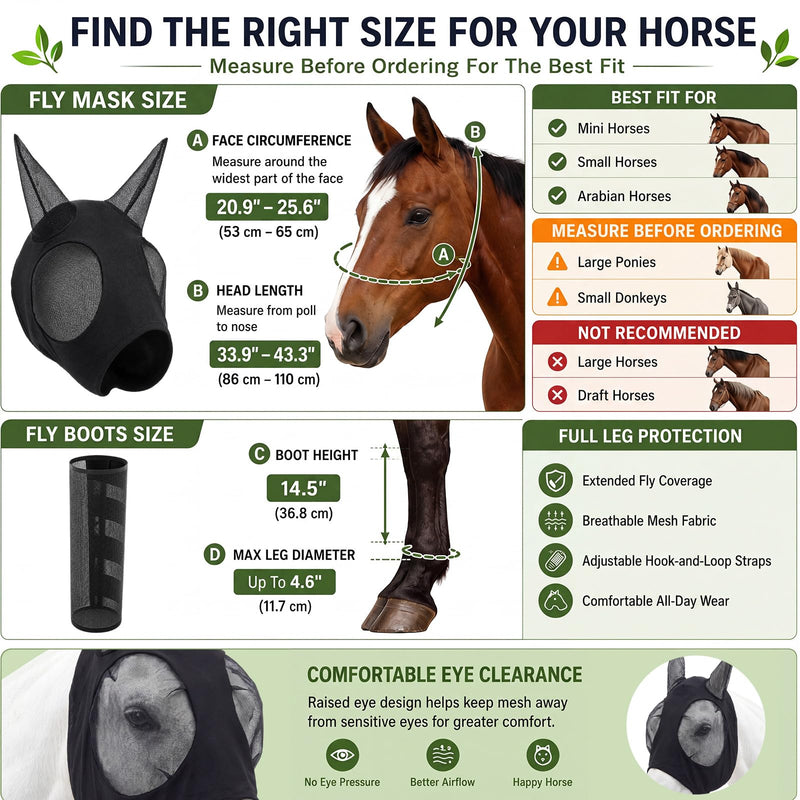 Hsei Mule Horse Fly Mask Set with Fly Boots with Ears Breathable Pony Equine Mask Horses Accessories Large for Pony Miniature Foal Draft Cob Srabian Donkey Farm Pet