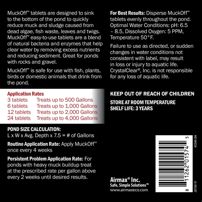 CrystalClear MuckOff, Natural Pond Muck Treatment, Water Garden, Fountain & Bird Bath Sludge Remover, Living Beneficial Bacteria Clarifier with Enzyme, Fish, Aquatic Animal, & Pet Safe, 24 Tablets