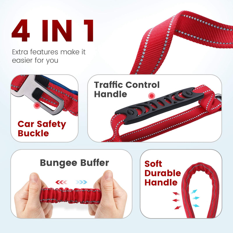 IOKHEIRA 6Ft /4Ft Dog Leash Rope for Large Dogs, Heavy Duty with Comfortable Padded Handle and Highly Reflective Threads,4-in-1 Multifunctional Dog Leashes with Car Seat Belt for Training Red - PawsPlanet Australia