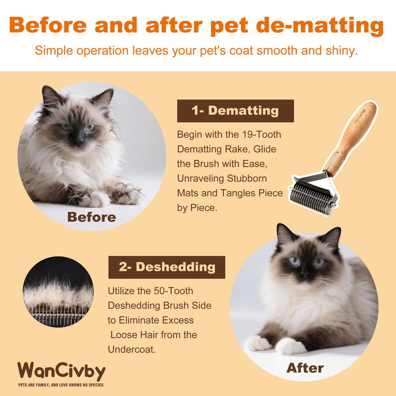 Undercoat Rake Dog Brush Dematting Comb cat shedding tool Dematting Tool Pet Brush Efficiently Detangle and Groom Coats for Large Medium Small Dogs and Cats Comb for Grooming Premium Wood Handle Round Handle - PawsPlanet Australia