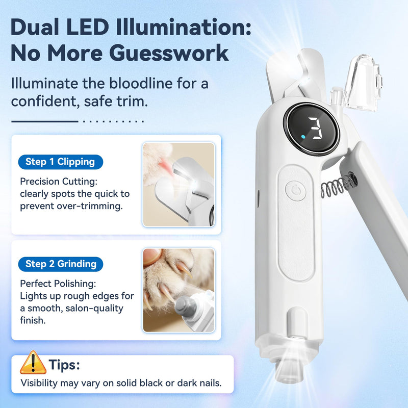 2-in-1 Dog Nail Clippers & Grinder with Light, Quiet Electric Pet Nail Trimmer for Large Medium Small Dogs & Cats, 3 Speeds, Rechargeable, Splash Guard & Safety Lock, Painless Grooming Tool (White) - PawsPlanet Australia
