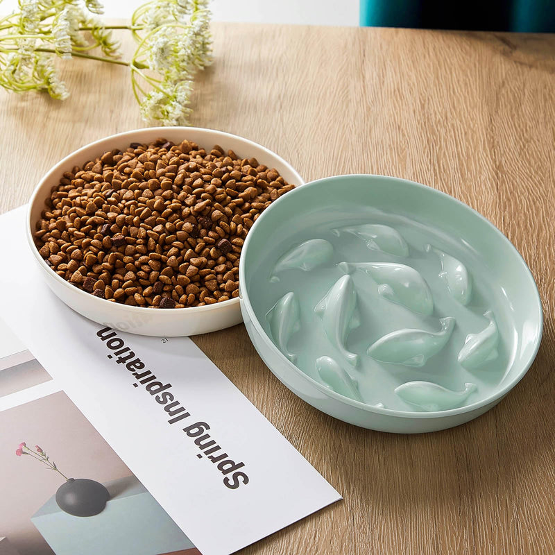Cat Feeder, 2 Pcs Pet Slow Feeder Bowl, Fish Pool Design, Healthy Eating Diet, Interactive Cat Food Bowl, Dishwasher Safe, Melamine, Green White White, Green - PawsPlanet Australia