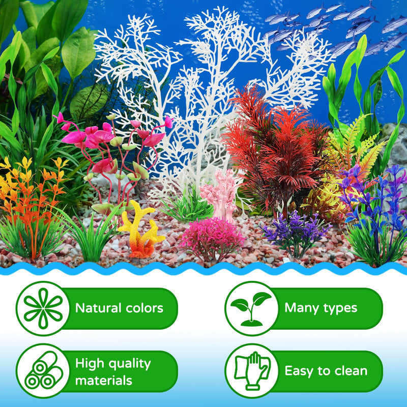 Aquarium Decorations Plants with Resin Coral, 12 pcs Fish Tank Accessories, Fish Tank Decorations Small Plants Plastic, Aquarium Decor Artificial Plant - PawsPlanet Australia
