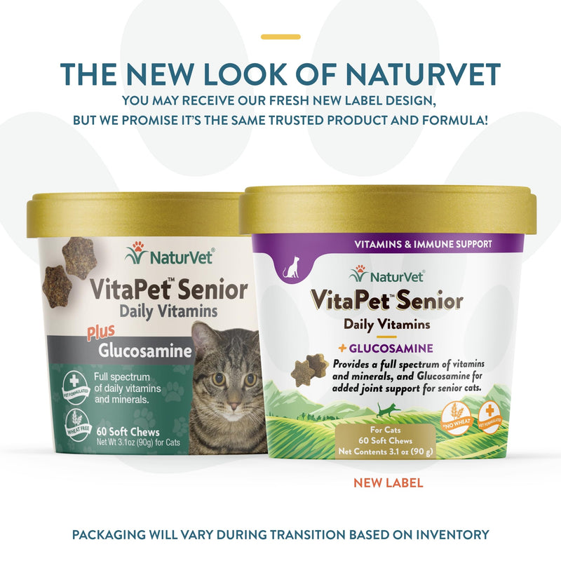 NaturVet VitaPet Senior Daily Vitamins for Cats Plus Glucosamine, Specifically Formulated to Provide Essential Minerals, 90 g, 60 Count