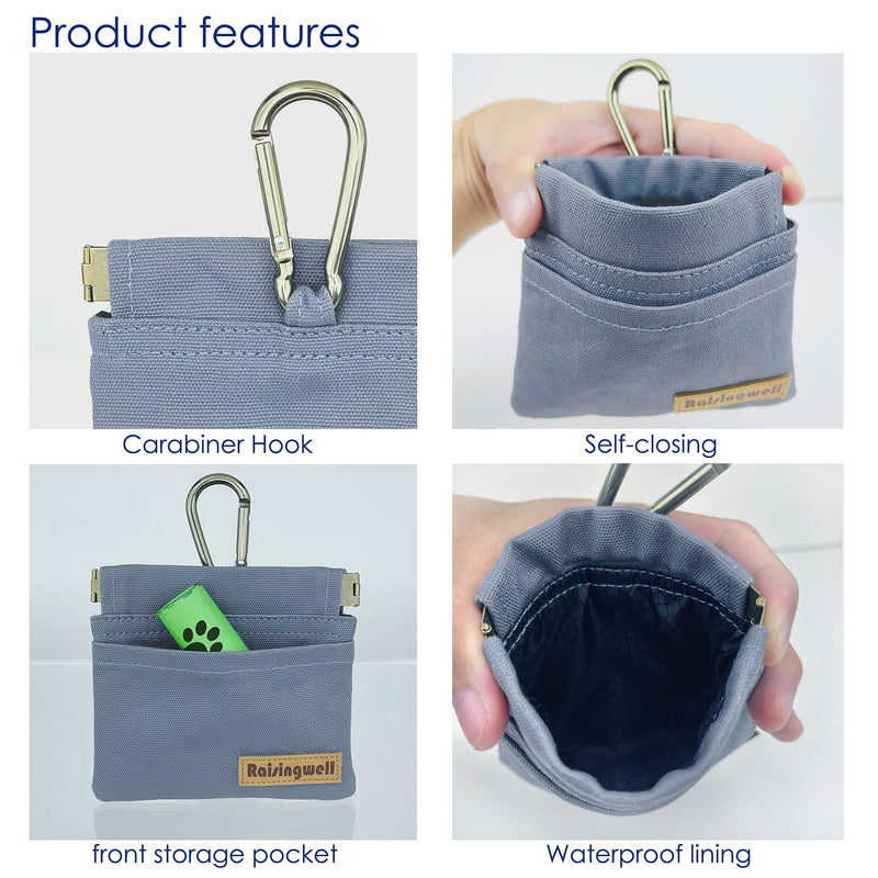 Dog Treat Pouch, Small Cotton Pocket Sized Training Holder, Hand Free Walking Fanny Bag with Carabiner, Self-Closing Pet Feed Snack Reward, Behavior Aids for Puppy Travel or Outdoor (Grey) Grey - PawsPlanet Australia