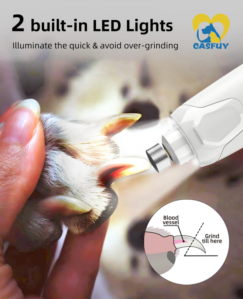 Casfuy Dog Nail Grinder Quiet - (45db) 6-Speed Pet Nail Grinder with 2 LED Lights for Large Medium Small Puppy Dogs/Cats, Professional 3 Ports Rechargeable Electric Dog Nail Trimmer with Dust Cap White - PawsPlanet Australia