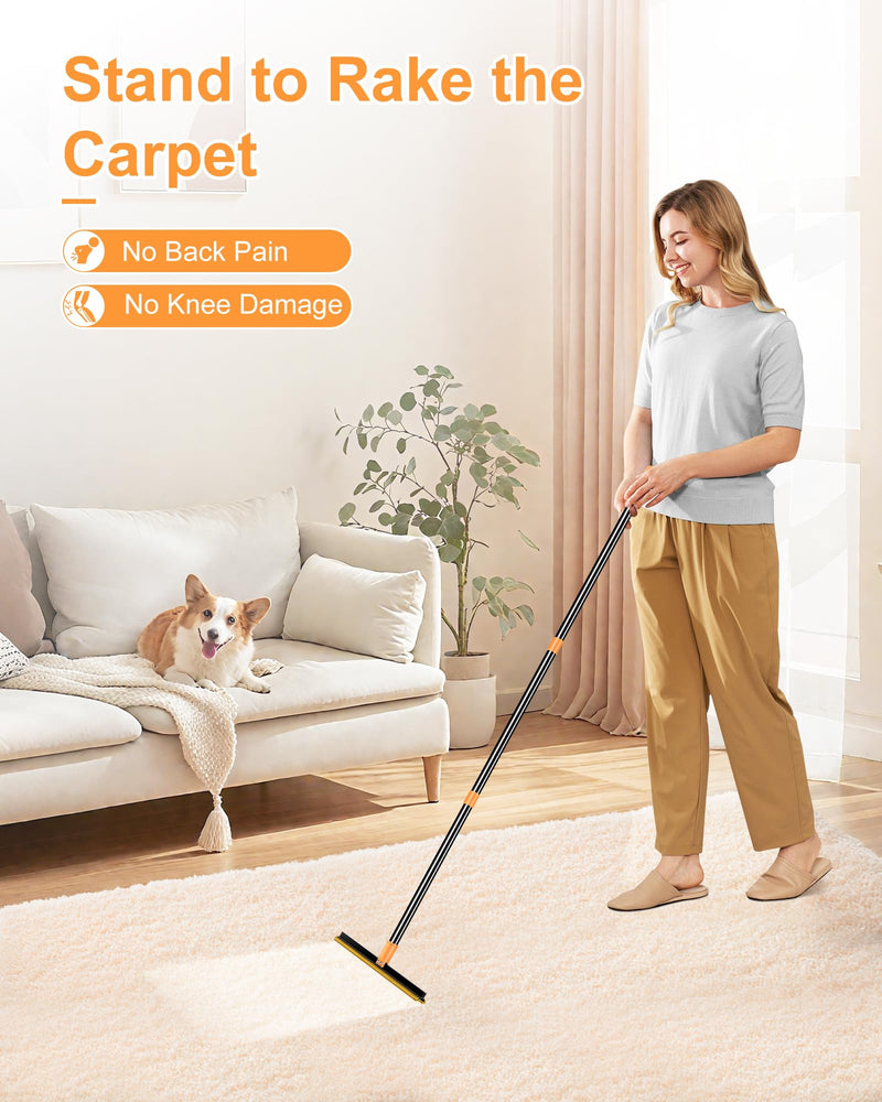 3 in 1 Carpet Rake for Pet Hair Removal Tool, 51” Adjustable Long Handle Pet Hair Removal Broom, Pet Grooming Brush, Cat Dog Hair Remover Carpet Scraper for Rugs, Mats Orange-Black - PawsPlanet Australia