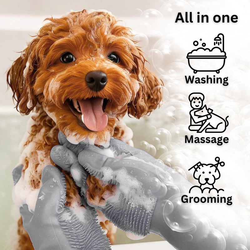 Dog Washing Gloves with Bristle Scrubbers, Reusable Silicone Gloves Ideal for Pet Bathing, Massaging & Grooming (Gray) Gray - PawsPlanet Australia