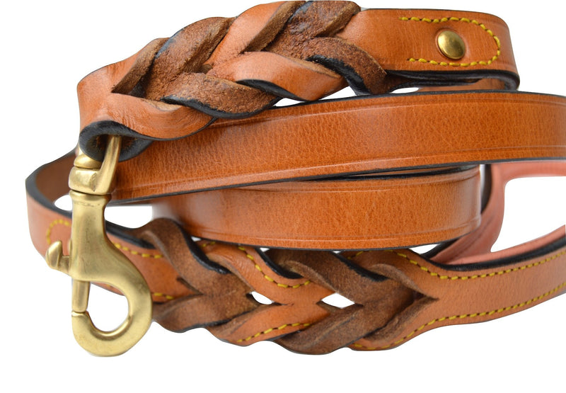 Leather Braided Dog Leash, Tan and Coral, 6 Feet x 3/4 Inch Wide, Genuine Real Leather - PawsPlanet Australia