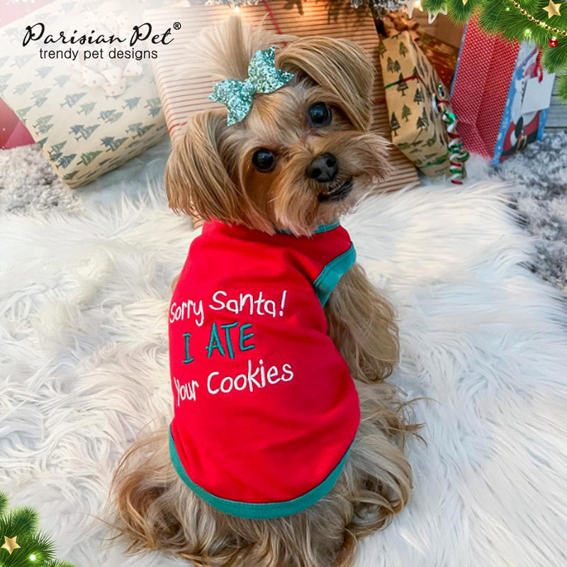 Parisian Pet Dog T-Shirt - Embroidered 'Sorry Santa I Ate Your Cookies' - Lightweight Cotton Dog Christmas Outfit - Sleeveless - 5XL - PawsPlanet Australia