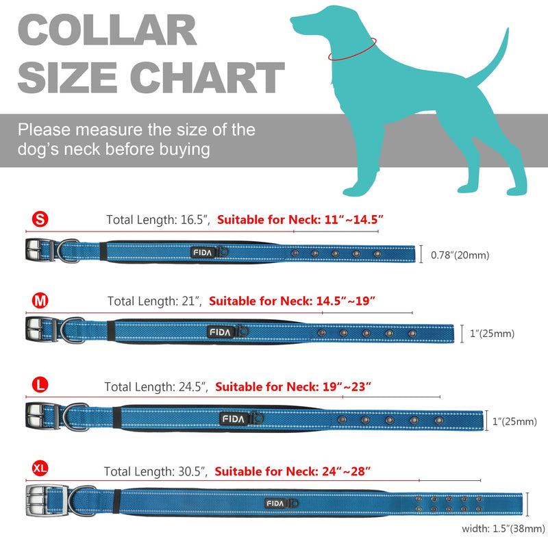 Fida Heavy Duty Dog Collar, Ultra Comfortable Soft Neoprene Padded, Adjustable Reflective Nylon Pet Collar with Durable Metal Belt Buckle for Small Breeds (S, Blue) Small(11”-14.5“) - PawsPlanet Australia