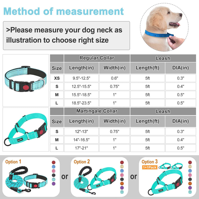 2 Packs Martingale Dog Collar with Quick Release Buckle Reflective Dog Training Collars for Small Medium Large Dogs L-Martingale collar Turquoise, Martingale Collar+Leash