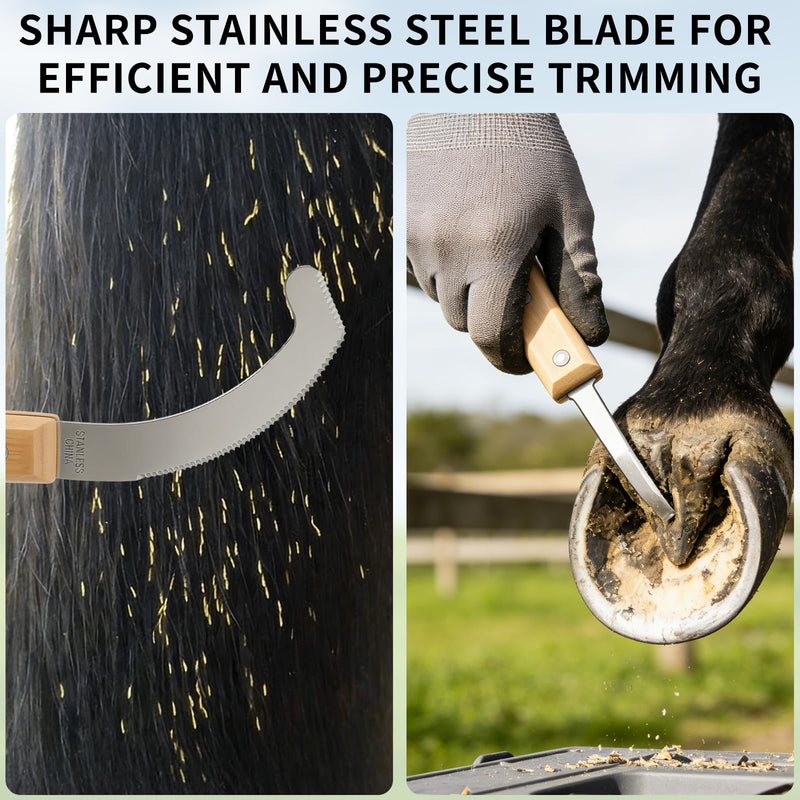 Double Edged Hoof Knife and Bot Egg Knife Set, Stainless Steel Blade with Ergonomic Wooden Handles Professional Equine Care Tools for Horses, Cattle, Goats, and Farm Livestock