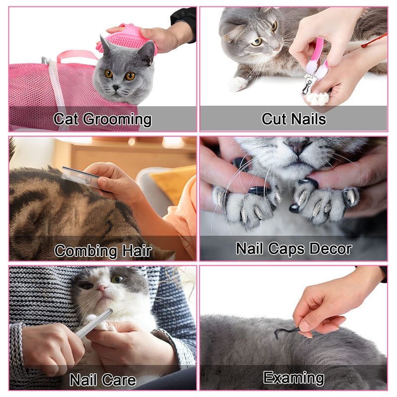 JULMELON Cat Washing Bag 10 PCS Set, Adjustable Cat Shower Net Bag and Pet Grooming Brush with Nail Clipper Nail File Hair Combs Tick Tool Nail Caps for Bathing Nail Trimming Examination(Pink+Grey) Pink+Grey - PawsPlanet Australia