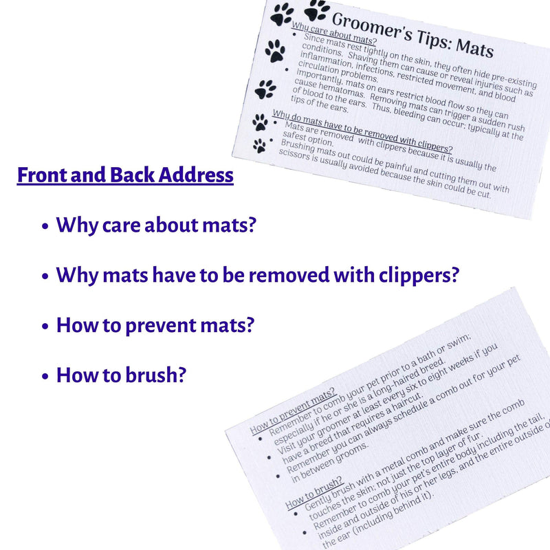 Dog Groomer Matted Fur and Dog Brushing Care Cards (100 pack, 3.5" X 2") Addresses hematomas, mats, combing, and shaving matts White - PawsPlanet Australia