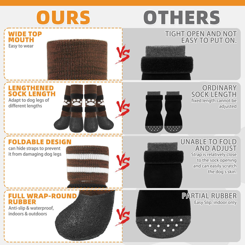 KOOLTAIL Anti Slip Dog Socks to Prevent Licking Paws for Hot/Clod Pavement, Waterproof Long Snow Dog Boots&Paw Protectors with Straps Traction Control for Hardwood Floor for Small Medium Large Dogs Brown with Paw Pattern - PawsPlanet Australia