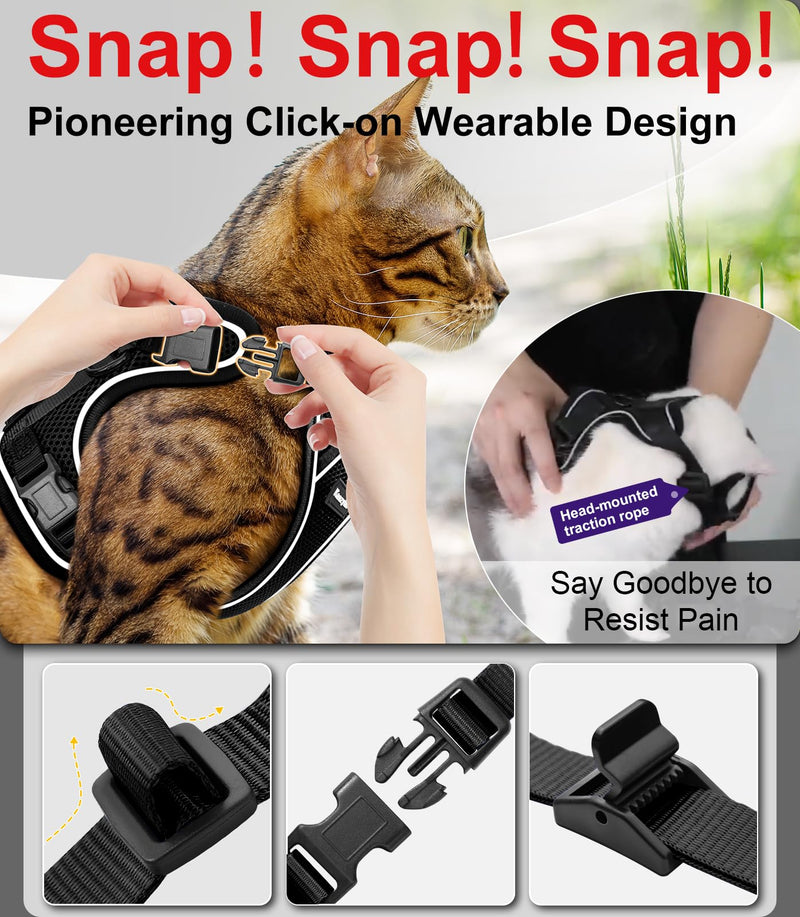 Cat Harness and Leash for Walking Escape Proof Soft Adjustable Cat Leash Breathable Comfortable Vest Easy to Wear Kitten Harness for Outdoor Travel Black S S (7-12lb) - PawsPlanet Australia