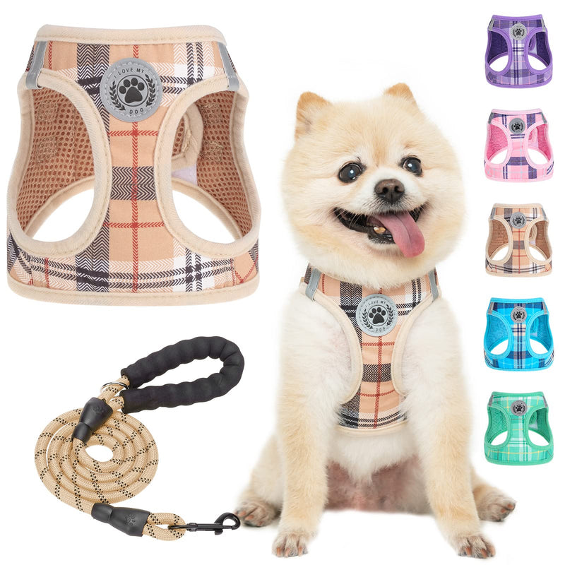 BEAUTYZOO Small Plaid Dog Harness and Leash Set for XS S Pets, Step in No Chock No Pull Soft Mesh Dog Vest Harnesses Reflective for Extra-Small/Small Medium Puppy Dogs and Cats, Beige S Small(Chest Girth 14.5" - 16")