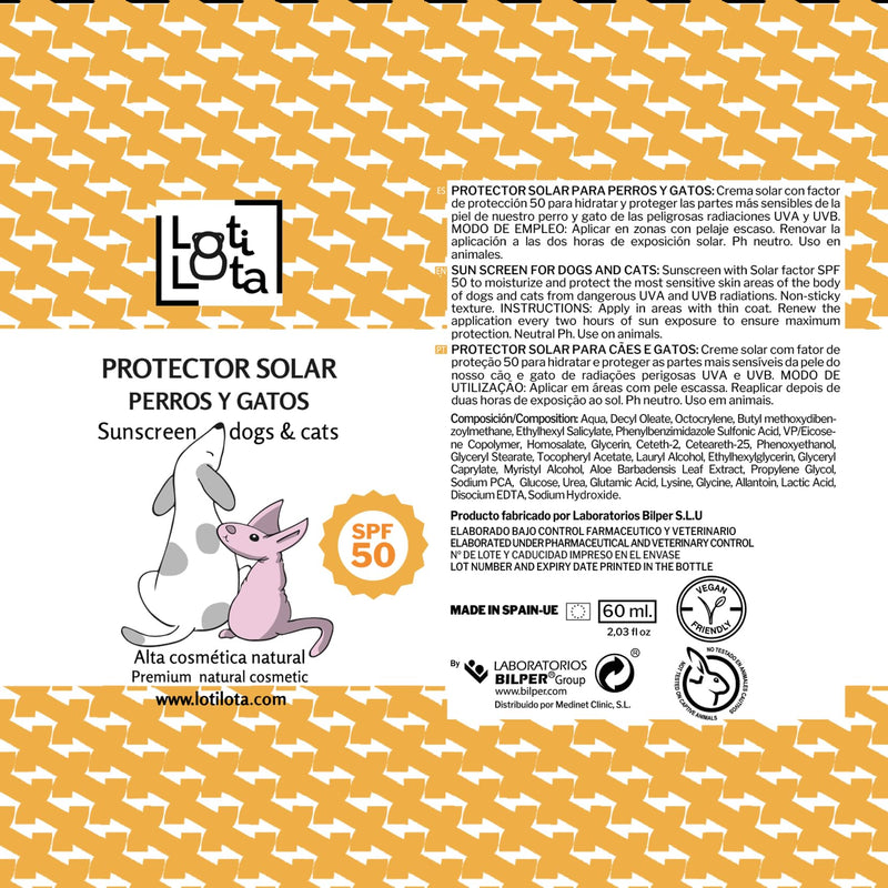 Sun Protection 50 for Dogs and Cats - 60ml - Maximum Sun Protection - Water Resistant - Moisturises and Protects - pH Neutral