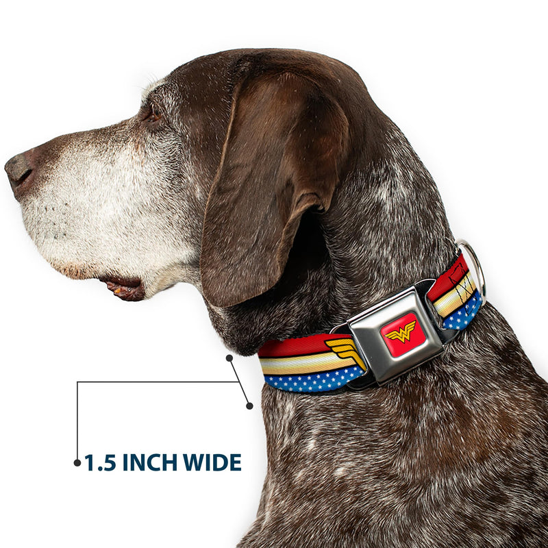Buckle Down DC-WWW040-WS Seatbelt Dog Collar, Wide Small, Wonder Woman Logo Stripe/Stars Red/Gold/Blue/White (repeat WW logo) 1.5" Wide - Fits 13-18" Neck - Small Wonder Woman Logo Stripe/Stars Red/Gold/Blue/White (repeat WW logo) - PawsPlanet Australia