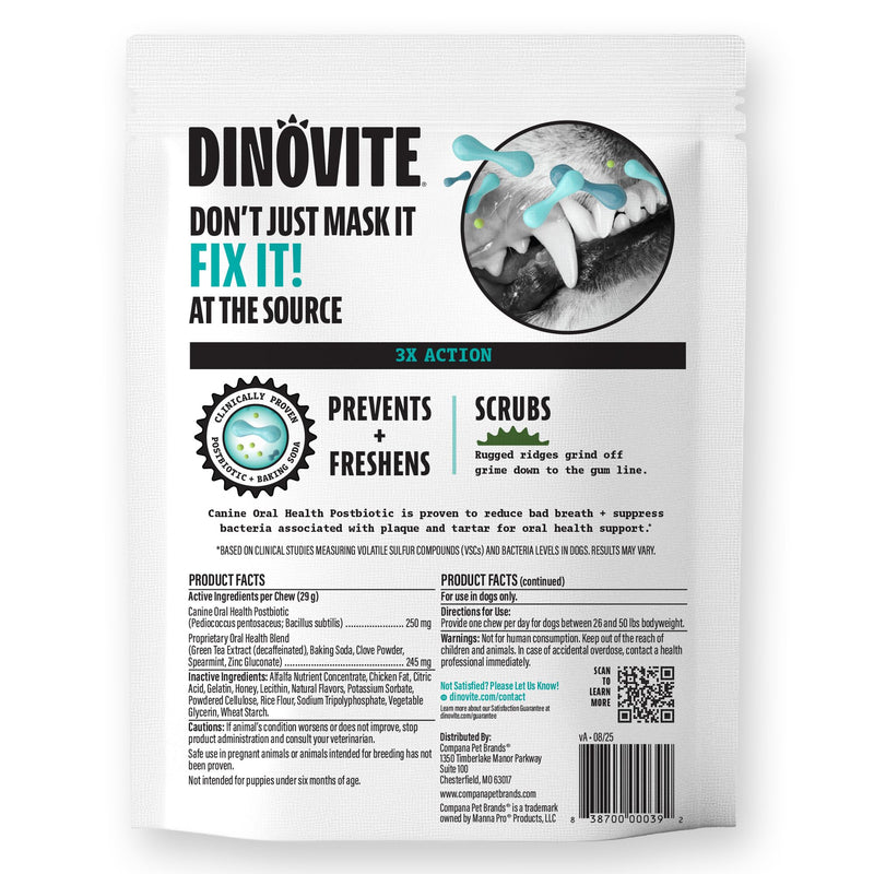 Dinovite Dental Chews for Dogs, Triple Action Dental Dog Treats for Medium Breeds, Clinically Proven to Prevent Plaque & Tartar While Freshening Breath, Fresh Mint Flavor, Made in USA, 20 Count Medium Dogs (25-50 lbs) - PawsPlanet Australia