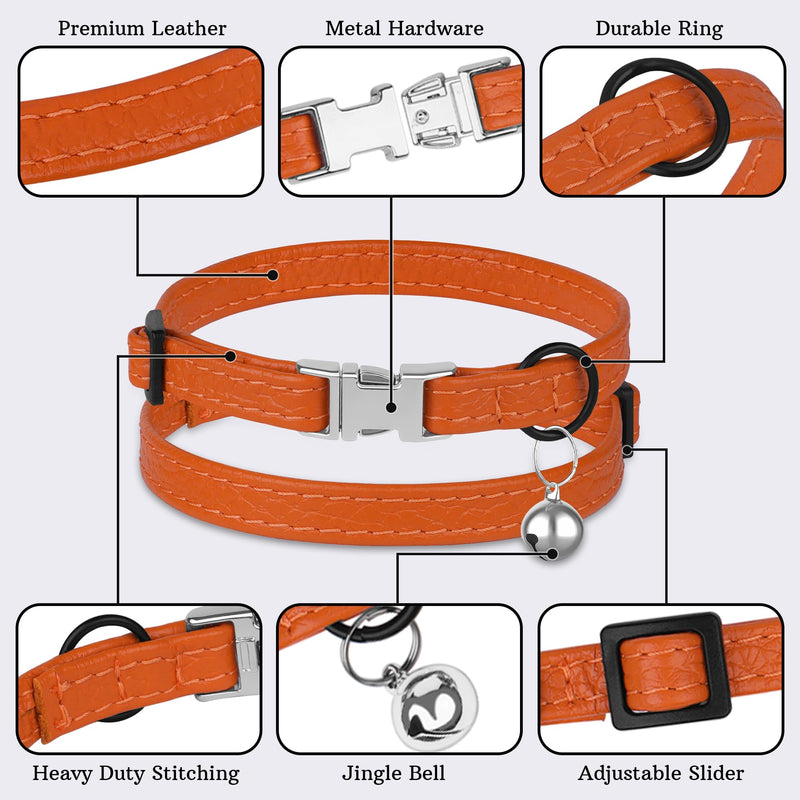 Leather Cat Collar with Buckle and Removable Bell - Non Breakaway Adjustable Soft Safety Small Pet Collars for Girl Boy Cats Kitten (Orange) Orange - PawsPlanet Australia
