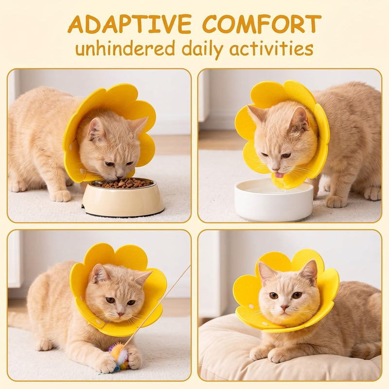 Yellow cat neck collar, 1 piece. Soft lick protection collar for cats 6-9 kg, Elizabethan neck collar with sunflower design. Post-surgery use.