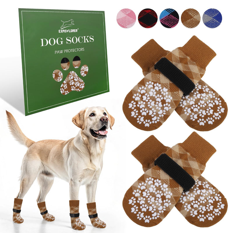 EXPAWLORER Dog Socks to Prevent Licking Paws, Anti Slip Dog Booties for Hardwood Floors, Warm Dog Boots & Paw Protectors for Winter, Dog Shoes for Small Medium Large Senior Dogs, Khaki M