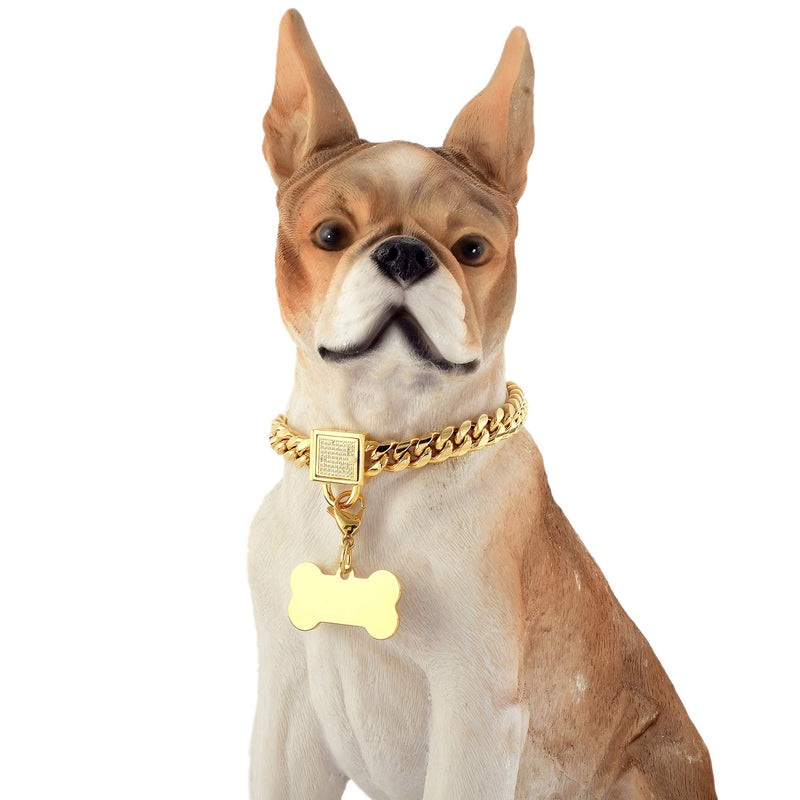 Jewelry Kingdom 1 Dog Chain Collar with Tag and Ice-Out Cubic Zirconia Stones Secure Buckle 18K Metal Stainles Steel Cuban Link Chain 6MM Walking Training Collar 10in to 20in for Dog Puppy Cats Kitty 12" (Fits cat Neck 10" to 11.5") - PawsPlanet Australia