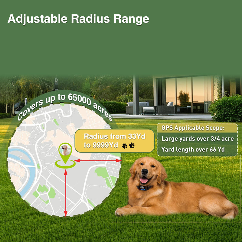 PATPET Electric Fence for Dogs, GPS Dog Collar Fence System for Yard with 3 Warning Modes, 9999 Yards Adjustable Radius, IP67 Waterproof Rechargeable Wireless Fence for Large Medium Dogs