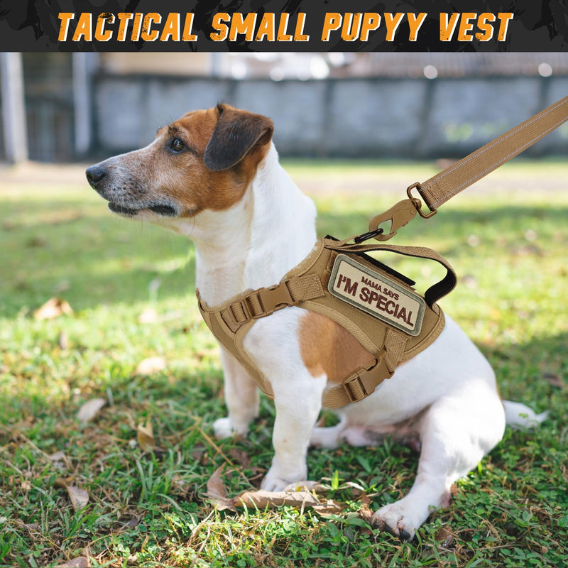 Tactical Dog Harness for Small Dogs, Military Puppy Vest Harness and Leash for Outdoor Training, Adjustable Service Dog Vest with Handle, 3 Patches XS Khaki - PawsPlanet Australia