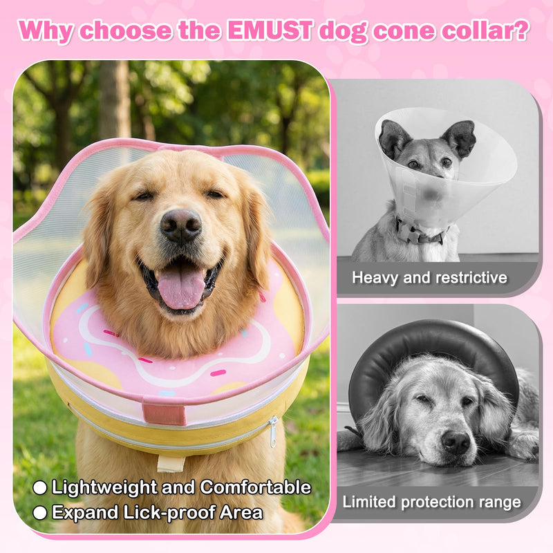 Inflatable Dog Cone Collar with Removable Clear Protective Shield, Soft Pet Recovery E-Collar for Dogs After Surgery, Adjustable Elizabethan Collar to Prevent Licking Biting Scratching (Pink, Large) Pink L (Neck 13"-15")