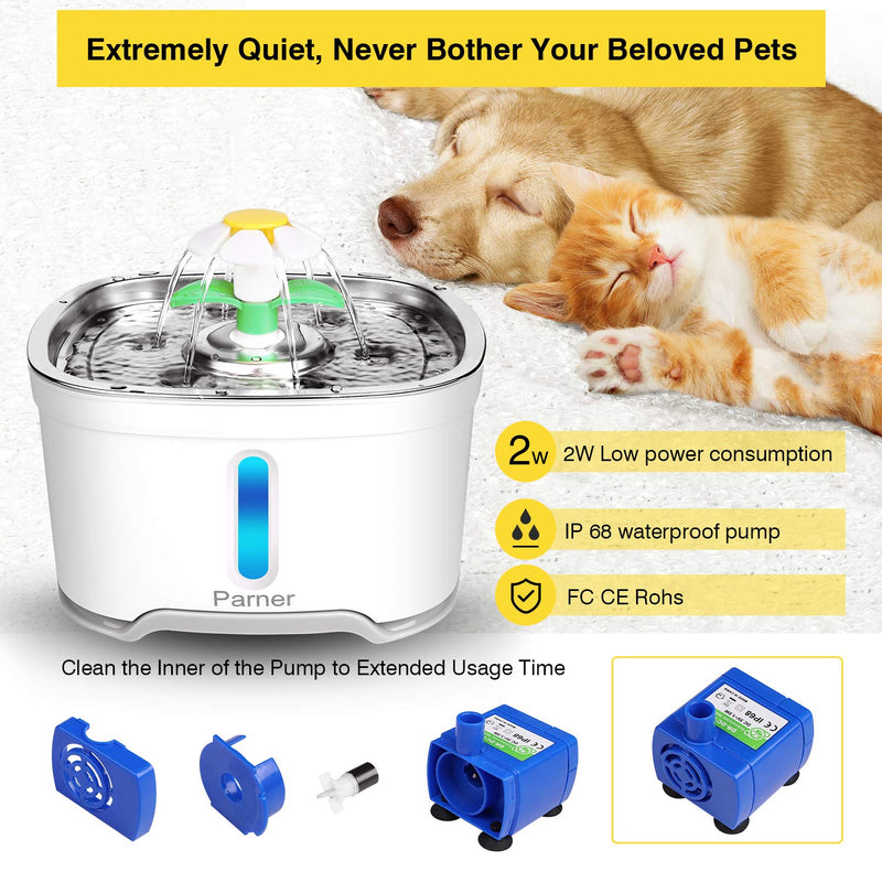 Cat Water Dispenser, Parner Stainless Steel Pet Fountain Flower 2.5L Auto Cat Fountain, Quiet Cat Drinking Fountain with 4 Filters & 1 Silicone Mat & 2 Cleaning Brushes for Cat, Dog, Bird, Other Pets Green & White - PawsPlanet Australia