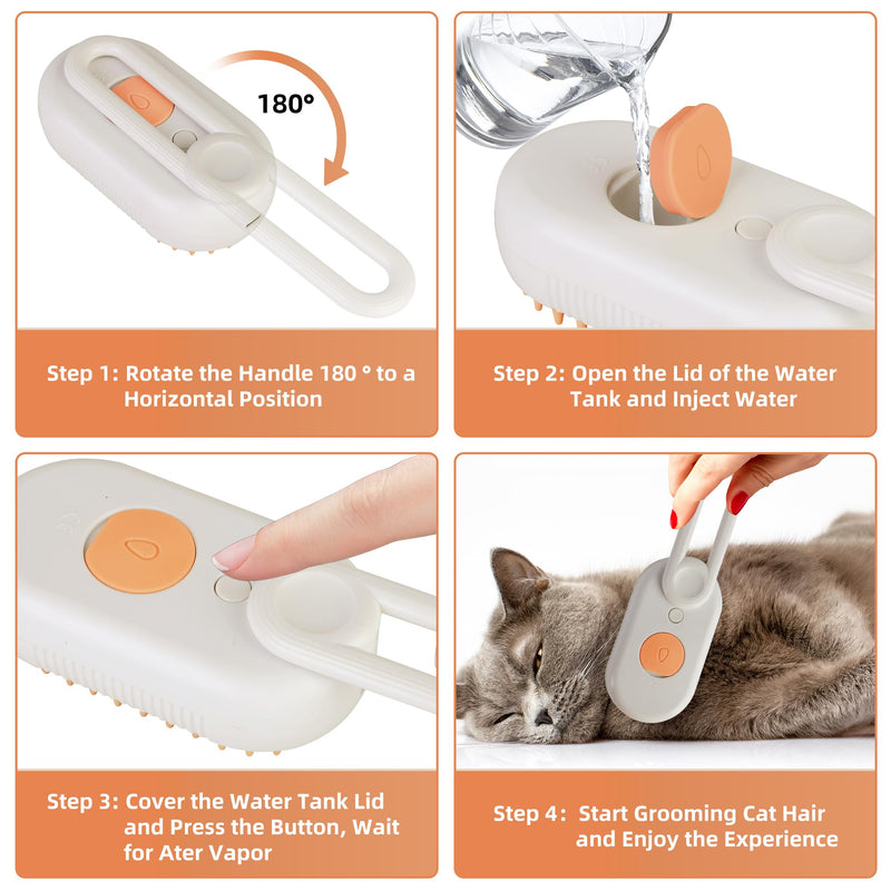 Cat Dog Hair Steam Brush: 4 in 1 Pet Grooming Tool Rechargeable Groomer Silicone Comb for Massage, Cleaning, Shedding and Combing, Anti-Static, 360° Portable Handle for Long or Short Hair Pet (Orange) Orange - PawsPlanet Australia