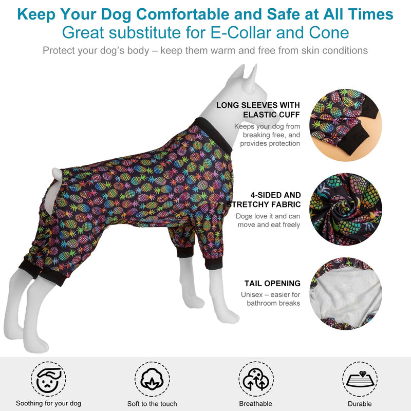 LovinPet Large Dog Clothes for Pitbulls Male, Dog Onesie with Uv Protection,Anxiety Calming Dog Shirt,Lightweight Fabric,Pinapple Paradise Black Print, Onesies for Dogs, Pajamas for Pitbulls, 2XL