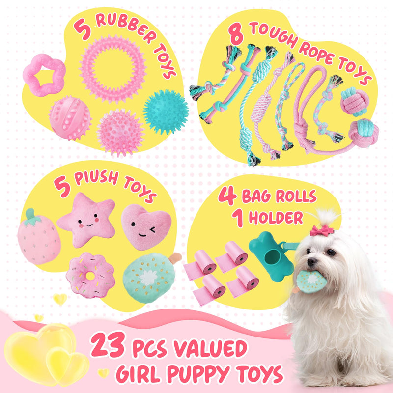 XIUGOAL Pink Puppy Toys for Boredom - 23 Pack Puppy Chew Toys for Teething, Interactive Dog Toys for Puppies, Cute Small Dog Toys with Treat Ball, Squeaky Dog Chew Toys and Ropes A - 23 Pack - PawsPlanet Australia