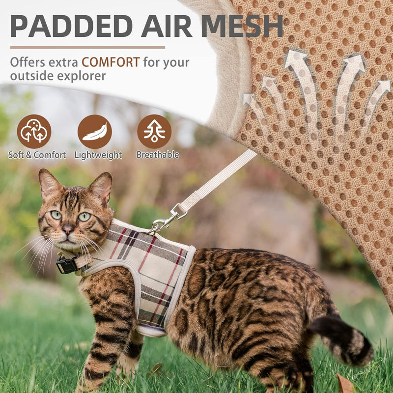 PUPTECK Soft Mesh Cat Vest Harness and Leash Set Puppy Padded Pet Harnesses Escape Proof for Cats Small Dogs Rabbits Bunny, Plaid Beige, L L(NECK 8.5"-10.5", CHEST 12.5"-15", 6-10 lbs) Beige(Plaid) - PawsPlanet Australia
