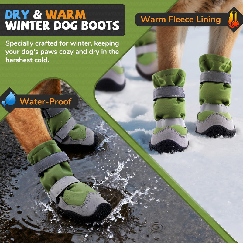 Winter Dog Snow Boots with Fleece Lining, Dog Shoes for Medium Large Size Dogs, Waterproof Dog Booties and Paw Protectors, Anti-Slip & Reflective Dog Shoes for Snow Outdoor, Hiking (Green-Size 5) Green Size 5 (For Width 2.2"-2.4") - PawsPlanet Australia