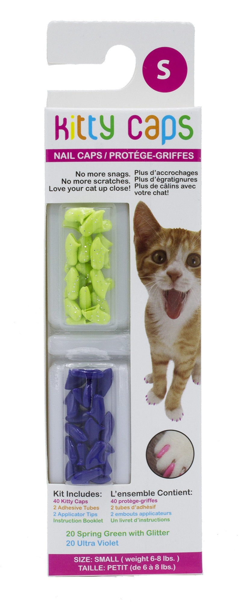 Kitty Caps Nail Caps for Cats Spring Green with Glitter & Ultra Violet, 40 Count, Large - 3 Pack Safe, Stylish & Humane Alternative to Declawing Stops Snags and Scratches FF9307PCS3 Small (6-8 lbs) - PawsPlanet Australia