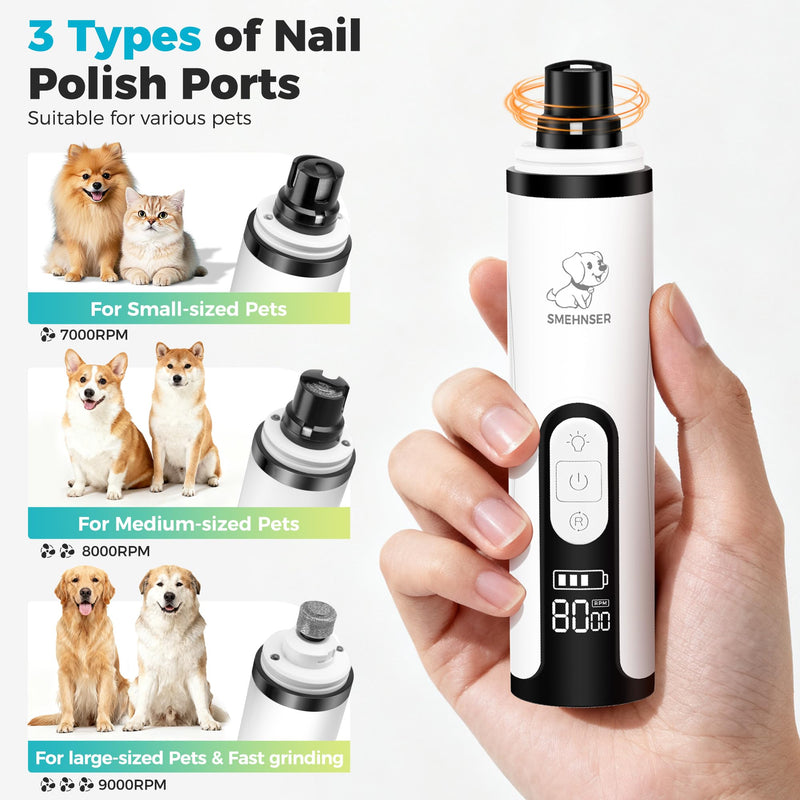 Upgraded Silent Dog Nail Grinder, Cordless Grooming Pro Nail Grinder with 3 Adjustable Speeds & Led Light, Painless Paws Grooming for Small Medium Large Dogs & Cats (2 Replacement Heads) White M2 - PawsPlanet Australia