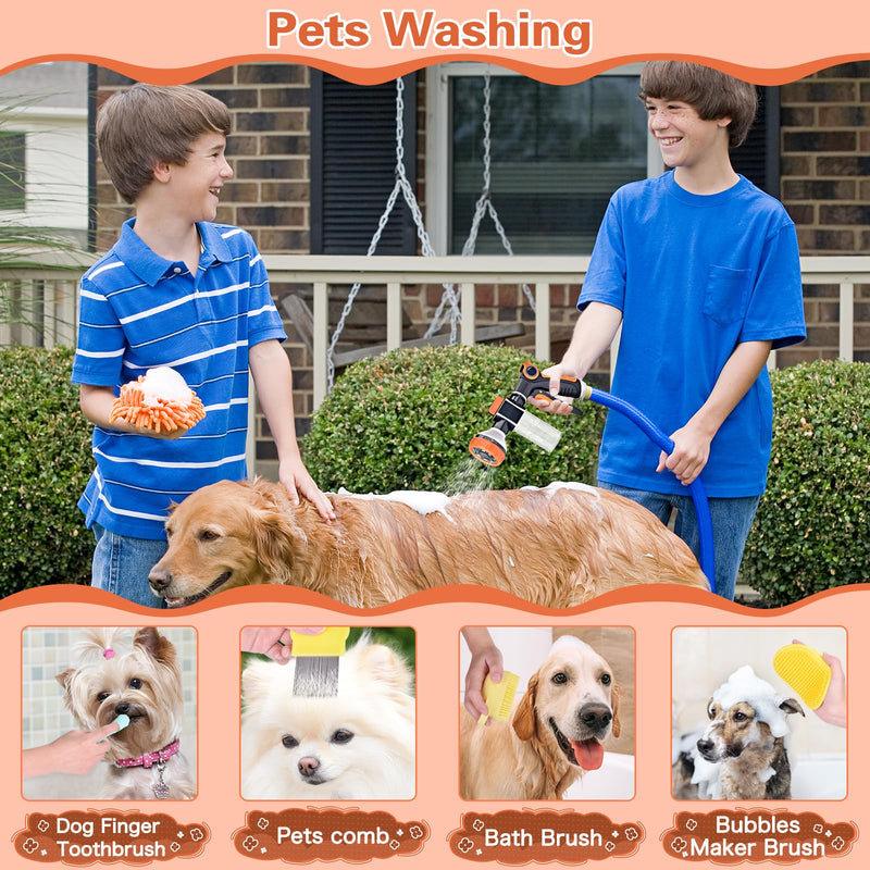 Upgrade Dog Washing Hose Attachment, 8 Way Spray Pattern Garden Hose Nozzle with Soap Dispenser, Dog Wash Supplies with 2 type Dog Bath Brush, Dog Comb and Toothbursh, Car Washing Mitt Orange US new - PawsPlanet Australia