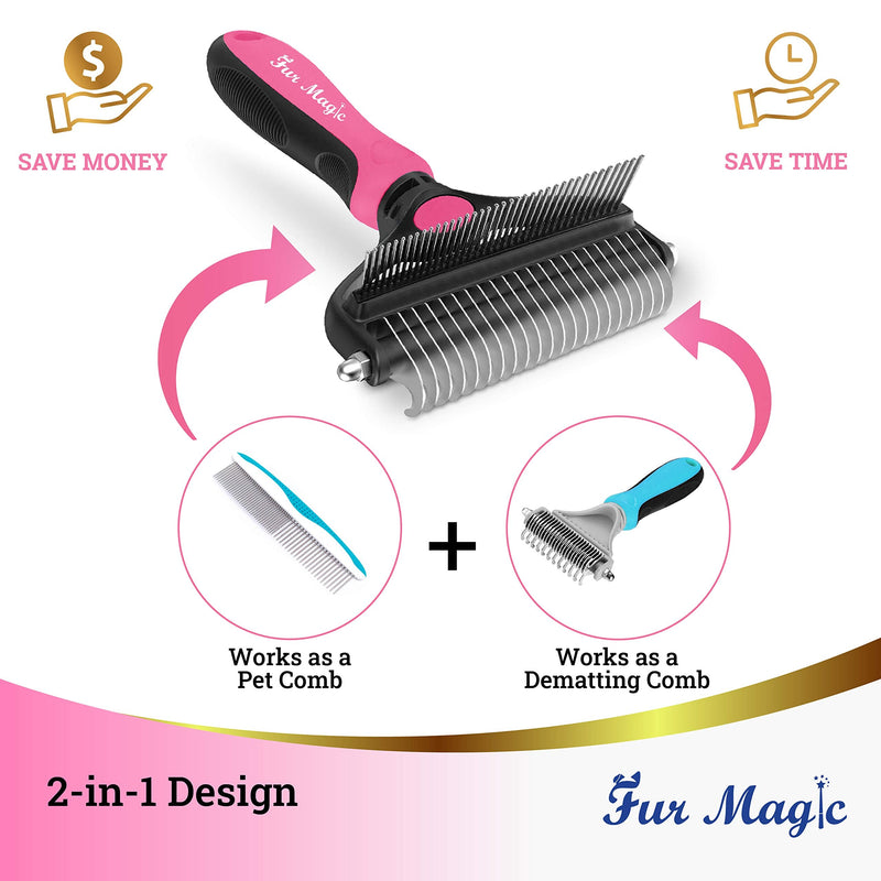 Fur Magic Deshedding and Dematting Comb Double Sided Undercoat Rake Pet Grooming Brush Removing Mats, Knots & Tangles for Dogs and Cats with Long and Medium Hair, Pink L - PawsPlanet Australia